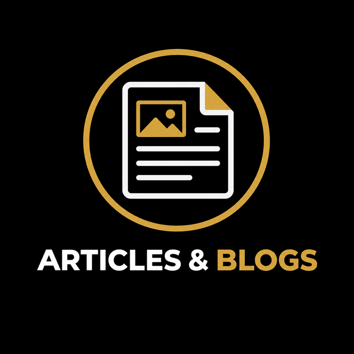 A digital graphic icon representing articles and blogs, featuring a white document outline with a gold photo placeholder and gold text on a solid black background.