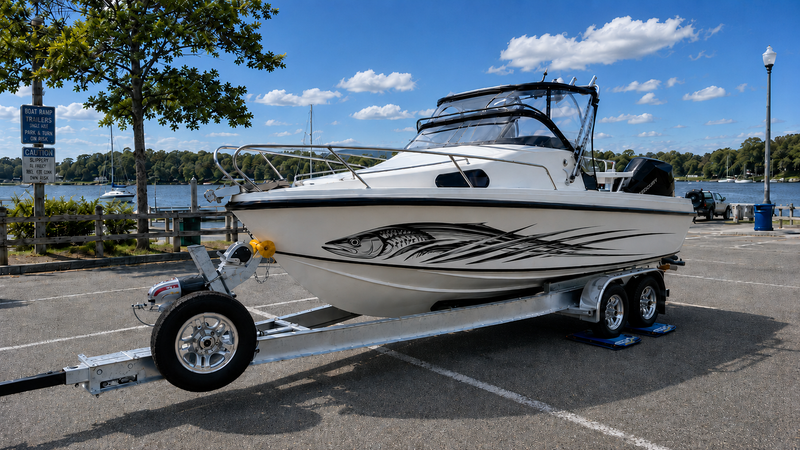 A white motorboat with black and gray graphic decals sits on a metal trailer in an outdoor parking lot near water, with trees, a blue sky, and clouds in the background.