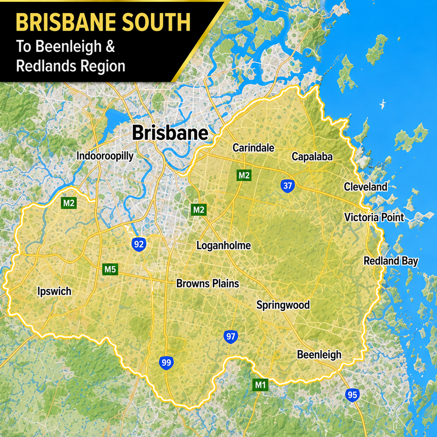 A digital map graphic of Brisbane South, showing the Brisbane metropolitan area with surrounding regions including Beenleigh, Carindale, and Redland Bay. The map features a yellow highlighted region, green and beige terrain shading, blue water, and a black header in the top left that reads 'BRISBANE SOUTH To Beenleigh & Redlands Region'.