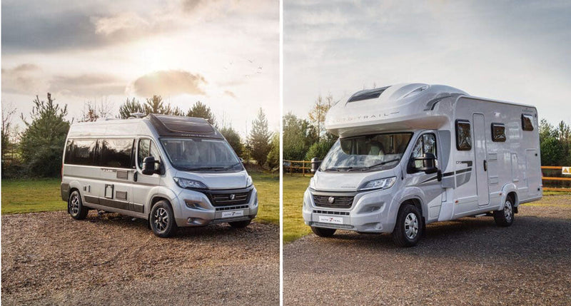 Two images of a white van and a larger white camper van on a road with trees in the background.