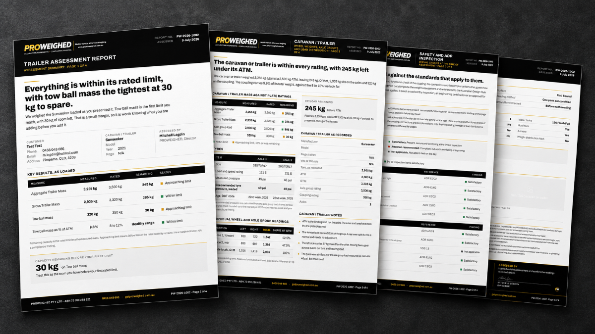 Three overlapping printed assessment report sheets for PROWEIGHED trailers, shown on a dark textured background. The sheets are black and white with yellow accents and contain text and tables related to trailer weight and safety standards.