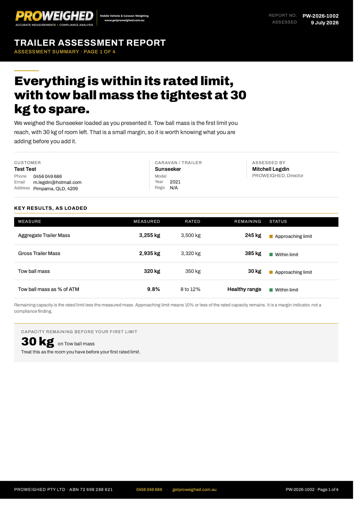 A black and white Prowehigh Trailer Assessment Report document detailing the ratings and limits for a 30 kg tow ball mass on a vehicle.