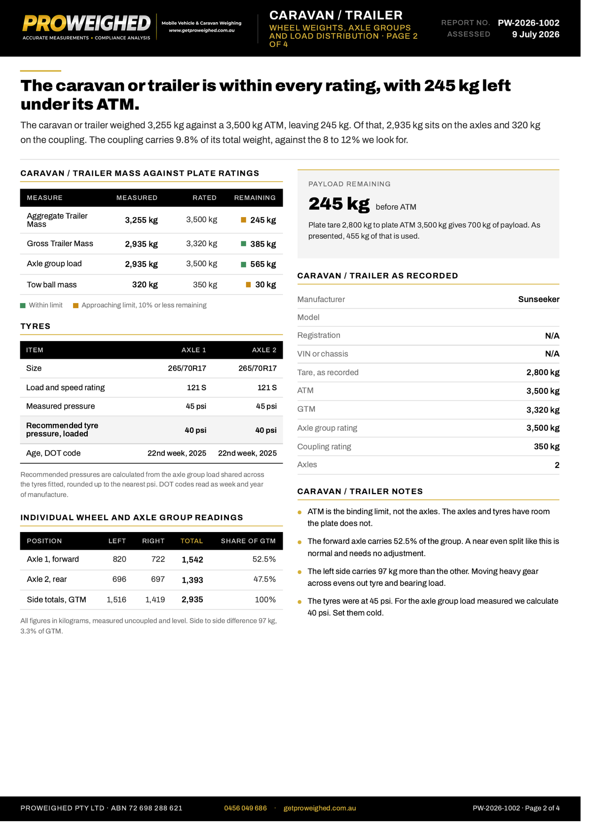 A black and white technical specification sheet from Prowehge, detailing vehicle weight and axle load ratings for a caravan or trailer.