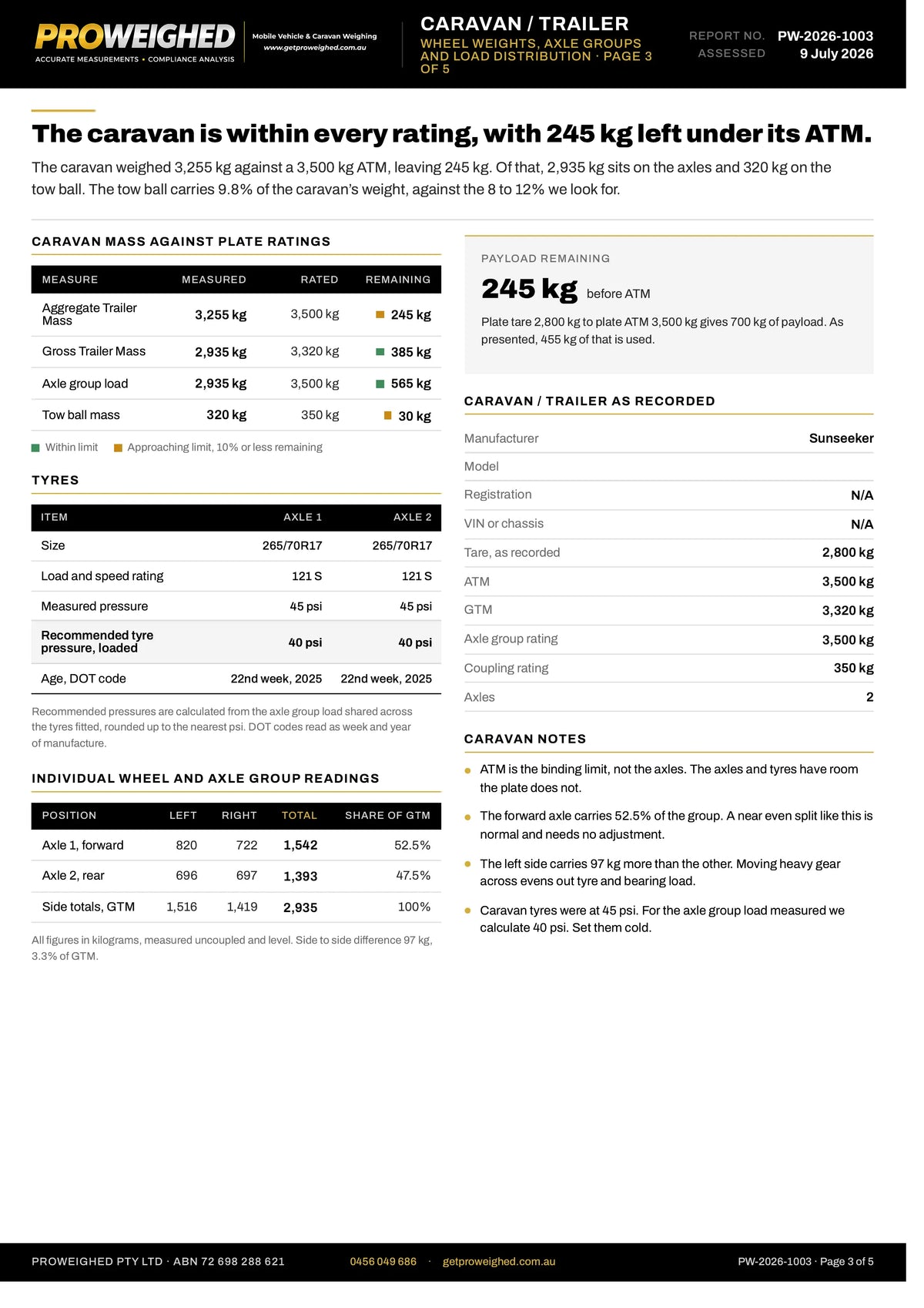 A black and white technical specification sheet for the Prowehve Caravan Trailer, showing weight ratings, axle loadings, and compliance details in a structured table format.