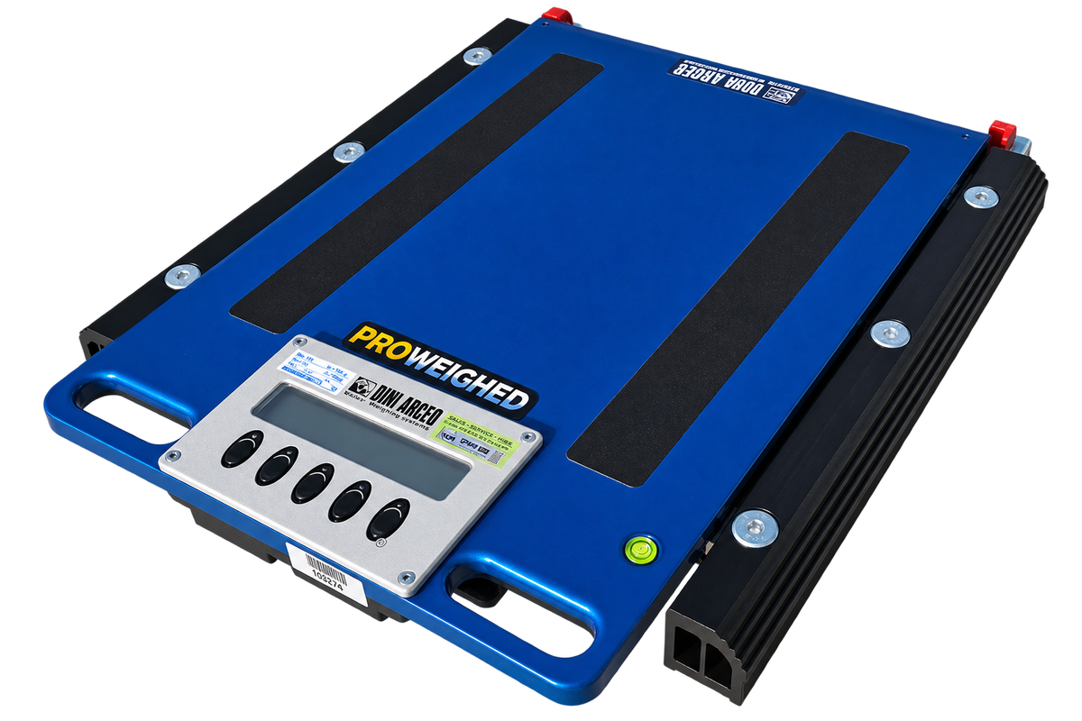 A blue and black Dini Argeo ProWeighed mobile scale unit with a digital display screen and control buttons on the front, shown on a solid white background.