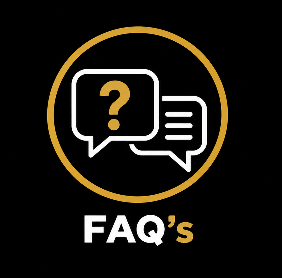 A black square graphic with a gold circular outline and white speech-bubble icons containing a question mark and text, with the word 'FAQ's' below in white and gold.