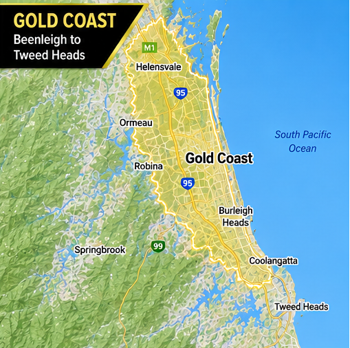 A map graphic of the Gold Coast region in Australia, showing towns such as Helensvale, Robina, and Tweed Heads, with the South Pacific Ocean to the right and green and blue terrain. A black banner at the top left reads 'GOLD COAST Beenleigh to Tweed Heads'.