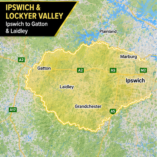 A map graphic showing the Ipswich and Lockyer Valley region, with a large yellow highlighted area around Ipswich, Gatton, Laidley, and Grandchester. Roads such as A2, A5, M2, and A17 are labeled, along with nearby places like Plainland and Marburg.