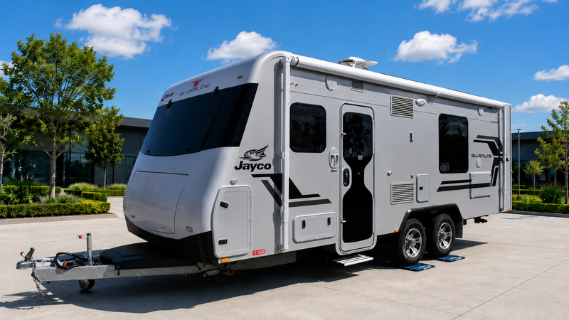 A white Jayco travel trailer with black trim and an open front door, parked outdoors on a paved surface under a blue sky with clouds.
