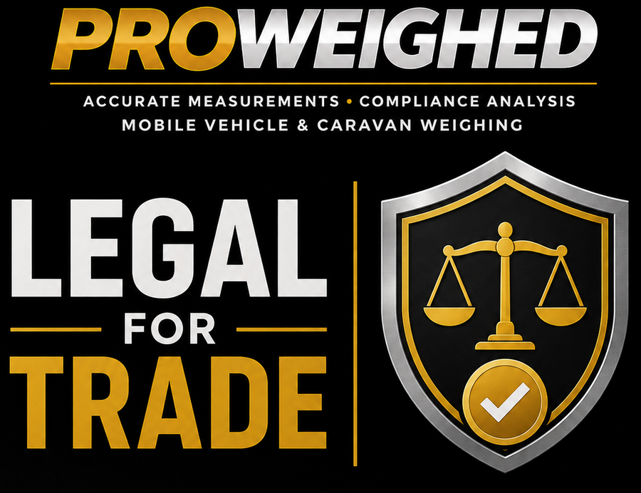A black square promotional graphic for ProWeighed with gold and white text reading 'LEGAL FOR TRADE,' a shield icon with a scale of justice and checkmark, and icons for certified equipment and accurate weighing.