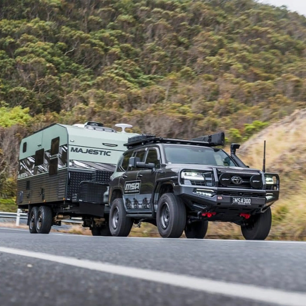 MSA 4x4 Tow Mirrors Fully extended on vehicle on hill