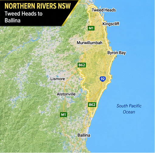 A digital map of Northern Rivers NSW showing the route from Tweed Heads to Ballina, with labeled towns, highways, and the South Pacific Ocean.