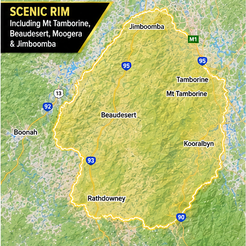 A map graphic of the Scenic Rim region, highlighting Mount Tamborene, Beaudesert, Moogera, and Jimboomba, with major highways and a yellow boundary outline.
