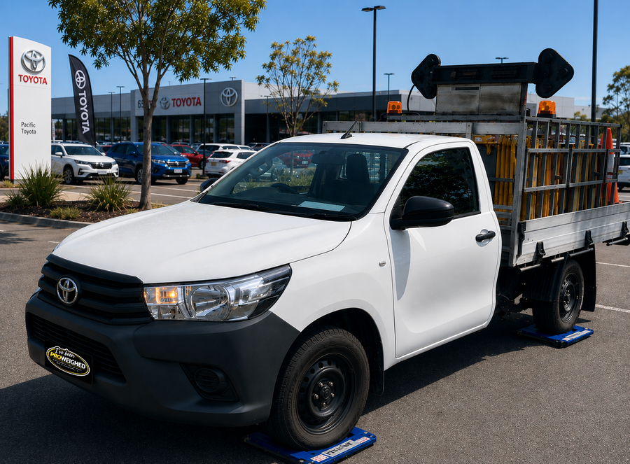 A white Toyota Hilar utility truck with a flatbed carrying rack and rear-mounted speakers, parked on blue wheel chocks in a dealership lot.