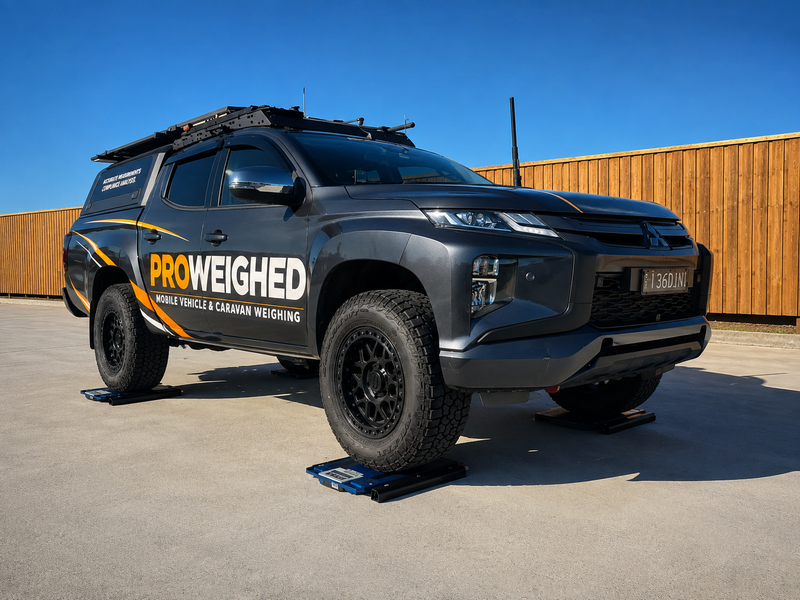 A dark gray Mitsubishi pickup truck with a hardtop canopy and roof rack, parked on blue wheel blocks outdoors. The side of the vehicle features a prominent 'PROWEIGHED' logo in orange and white, indicating a service or brand.