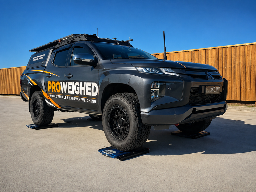 A dark gray Mitsubishi pickup truck with a hardtop canopy and roof rack, parked on blue wheel blocks outdoors. The side of the vehicle features a prominent 'PROWEIGHED' logo in orange and white, indicating a service or brand.