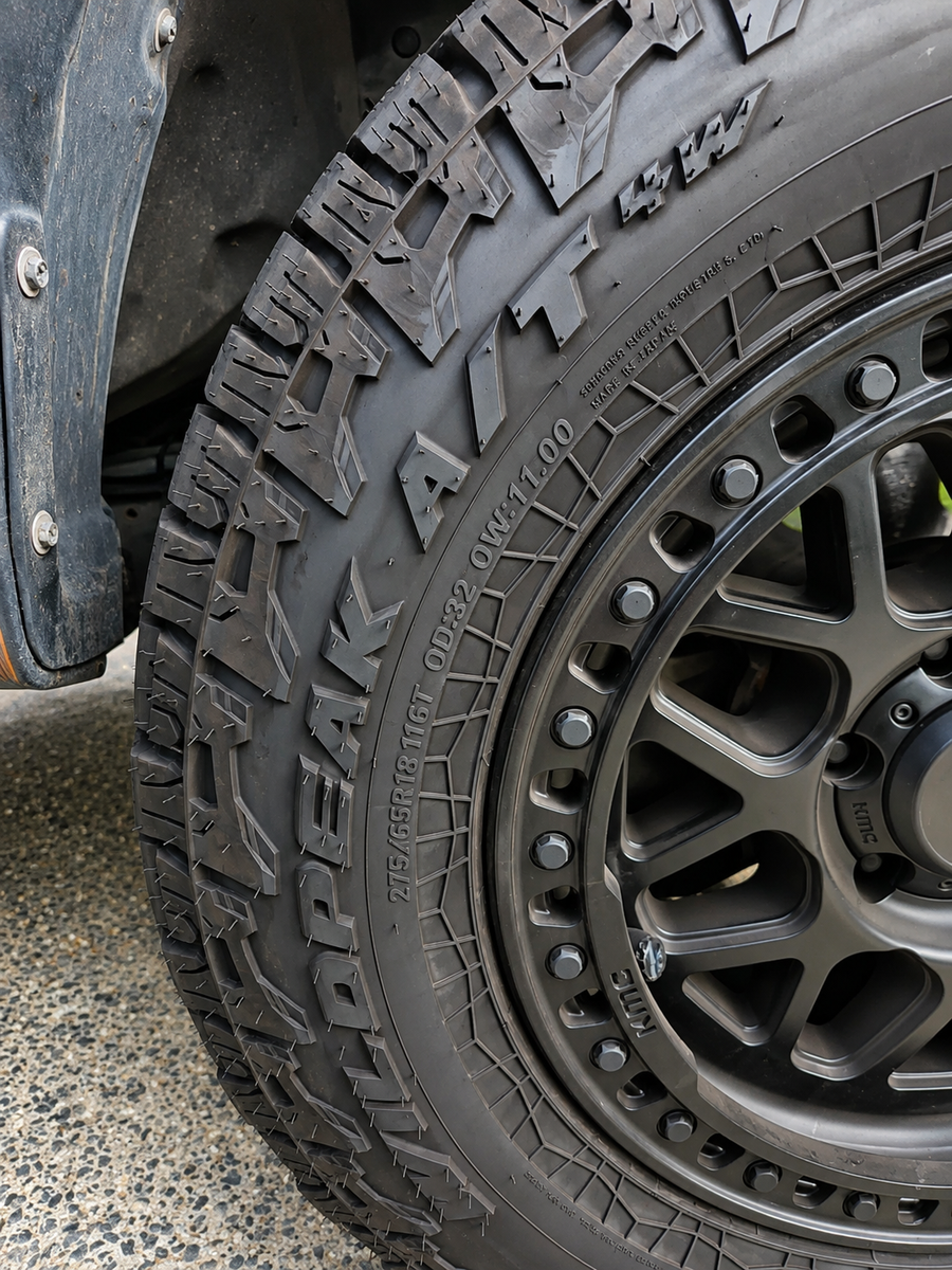Close-up of a rugged black all-terrain tire mounted on a dark metallic multi-spoke wheel, photographed outdoors on pavement.