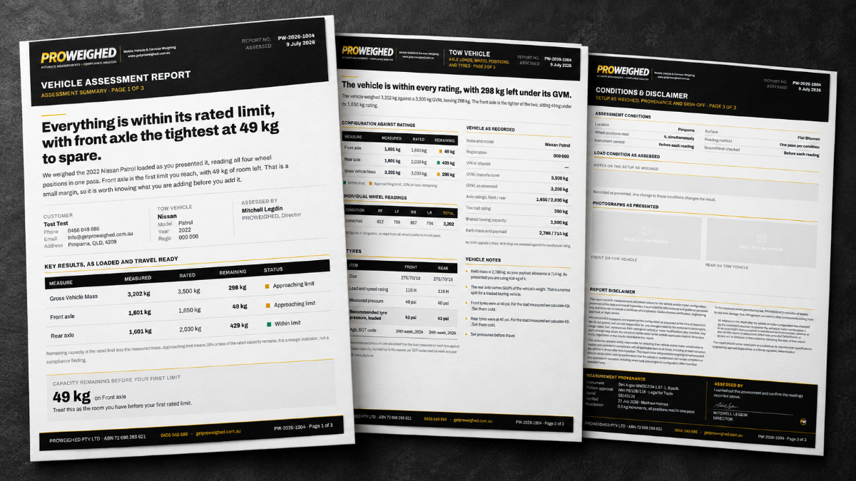 PROWEIGHED vehicle assessment report, three printed pages showing wheel and axle weights