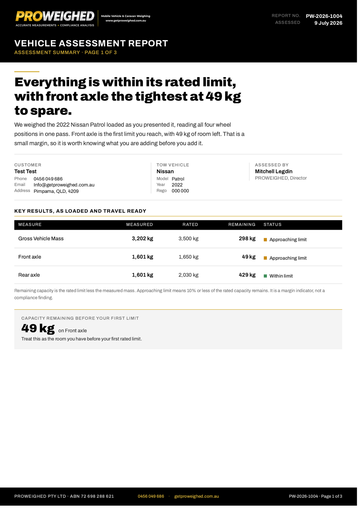 A vehicle assessment report document from Proweighed, detailing the test results and ratings for a Nissan Patrol, including front axle and rear axle load limits.