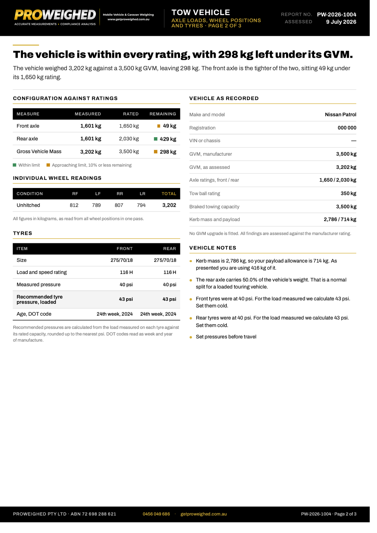 A printed or digital report card for a Proweighed tow vehicle, showing ratings, GVWR, tare, payload, and configuration details alongside vehicle specifications and notes.