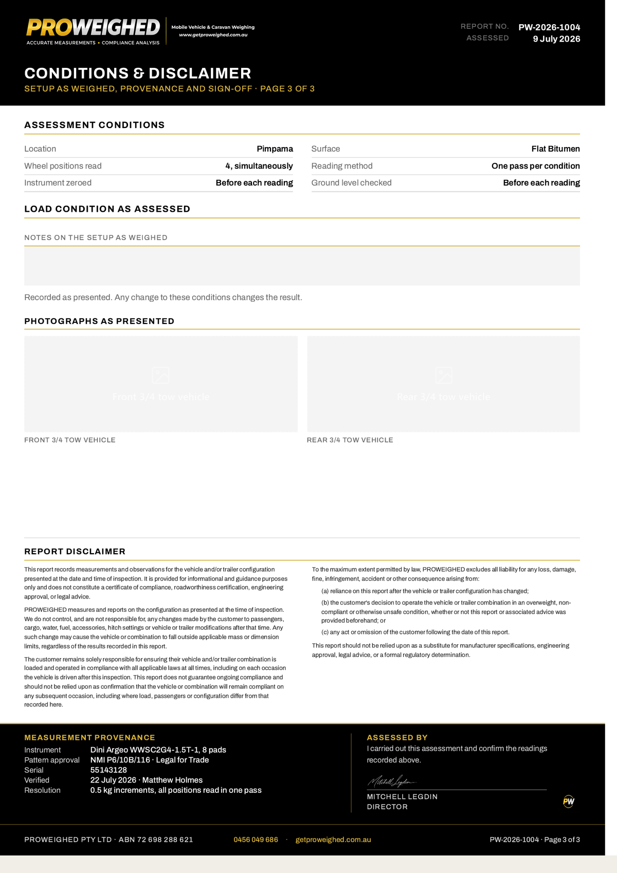 A document page from Proweighed, titled 'Conditions & Disclaimer', containing tables, text sections, and branding at the top and bottom on a white background.
