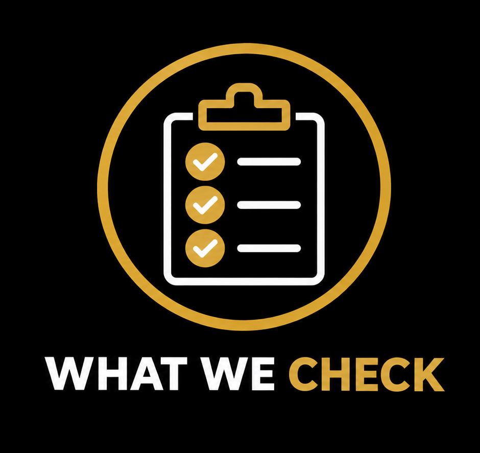 A black square graphic with a gold clipboard icon inside a gold circle and the text 'WHAT WE CHECK' in white and gold below.